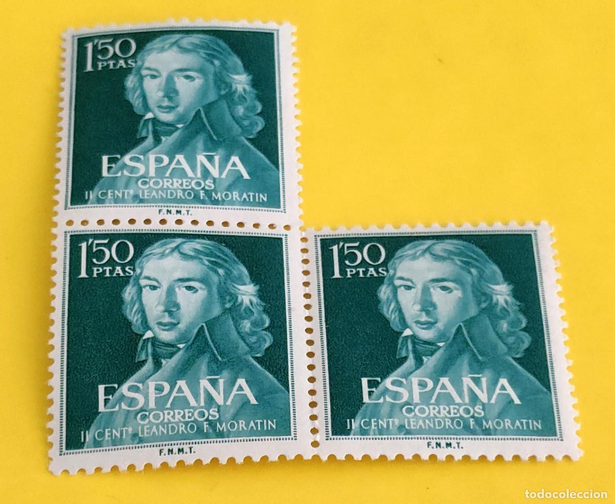 Sellos: Espa&ntilde;a 1961. Edifil 1329. Leandro Fern&aacute;ndez de Morat&iacute;n. Nuevos. Bloque de 3