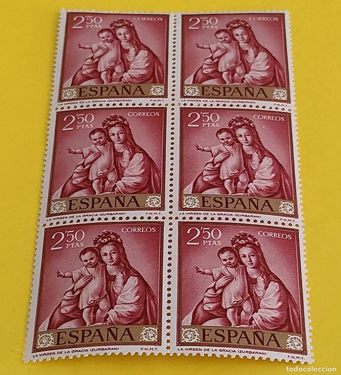 Sellos: Espa&ntilde;a 1962. Edifil 1424. Zurbar&aacute;n. La Virgen de la Gracia. Nuevos. Bloque de 6