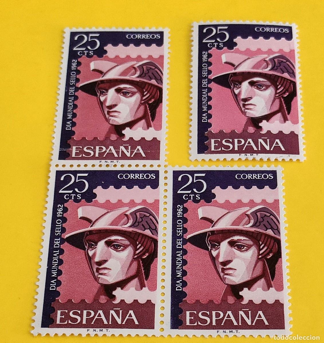 Sellos: Espa&ntilde;a 1962. Edifil 1431. D&iacute;a Mundial del Sello. Mercurio. Nuevos. Bloque de 3. 1 suelto