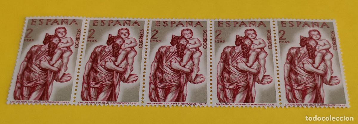 Sellos: Espa&ntilde;a 1962. Edifil 1441. Alonso de Berruguete. San Crist&oacute;bal con Jes&uacute;s. Nuevos. Bloque de 5
