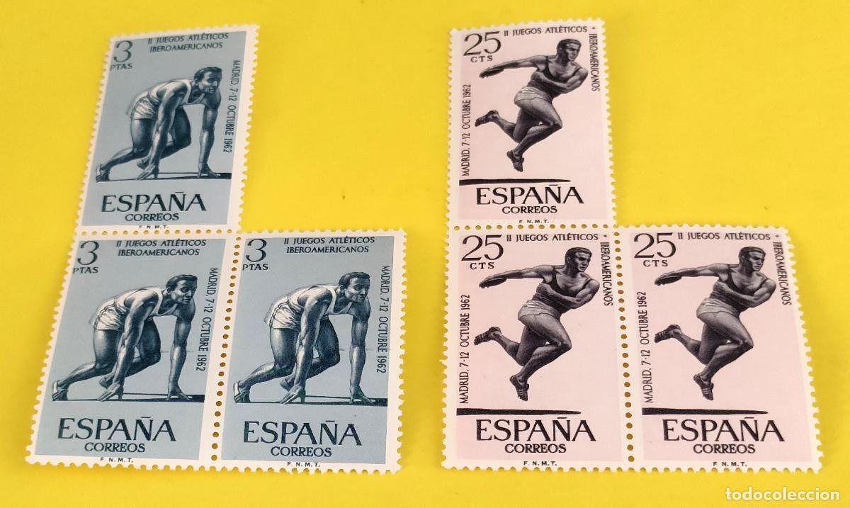 Sellos: Espa&ntilde;a 1962. Edifil 1450 y 1453. II Juegos Atl&eacute;ticos Iberoam. Disco y Salida. Nuevos. 2 Bloques de 3