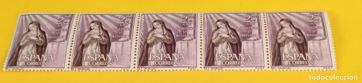 Sellos: Espa&ntilde;a 1962. Edifil 1463. Misterios del Santo Rosario. Anunciaci&oacute;n. Murillo. Nuevos. Bloque de 5