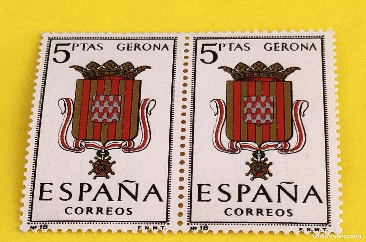 Sellos: Espa&ntilde;a 1963. Edifil 1486. Escudos capitales Espa&ntilde;a. Gerona. Nuevos. Bloque de 2