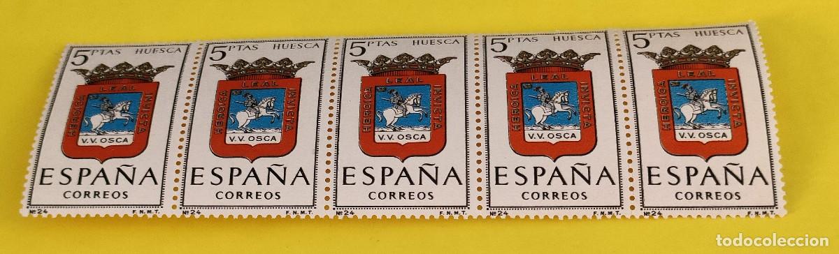 Sellos: Espa&ntilde;a 1963. Edifil 1492. Escudos capitales Espa&ntilde;a. Huesca. Nuevos. Bloque de 5