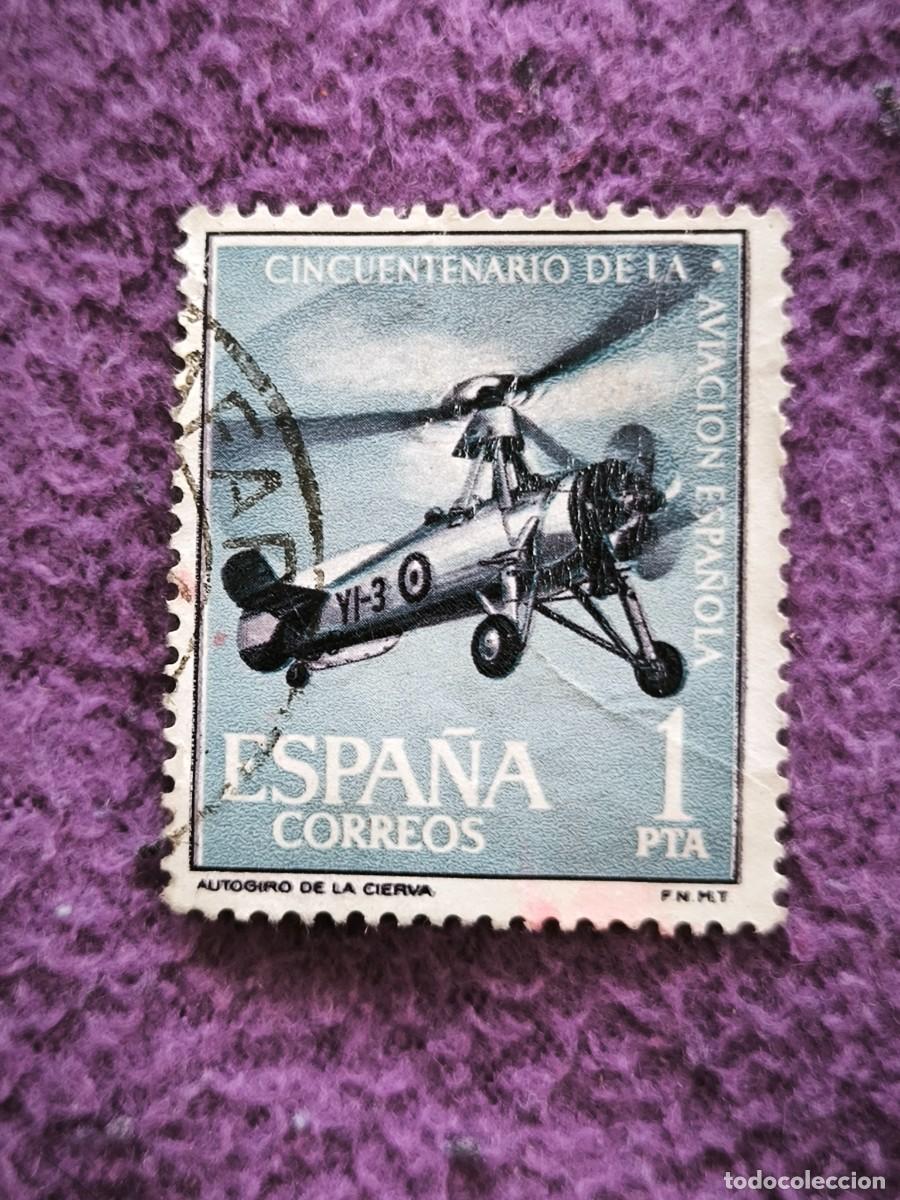 Sellos: Sello Espa&ntilde;a 1 Peseta Autogiro De La Cierva 50 Aniversario Aviaci&oacute;n Espa&ntilde;ola