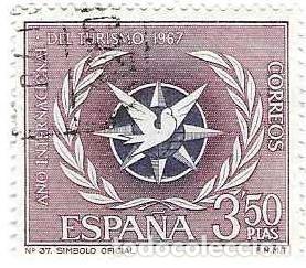 Sellos: Sello usado Espa&ntilde;a. Edifil n&ordm; 1806. Emblema del A&ntilde;o Internacional del Turismo. ref. 1u-1806