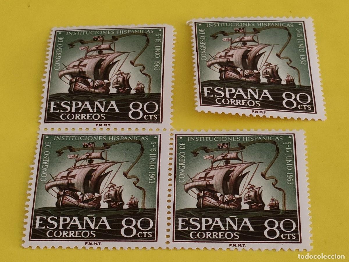 Sellos: Espa&ntilde;a 1963. Edifil 1514. Cong. Institucs. Hisp&aacute;nicas. Naves de Col&oacute;n. Nuevos. Bloque de 3. 1 suelto