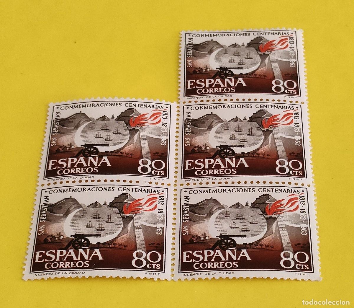 Sellos: Espa&ntilde;a 1963. Edifil 1517. Conmemorac. cent. S. Sebasti&aacute;n. Incendio 1813. Nuevos. Bloque de 5