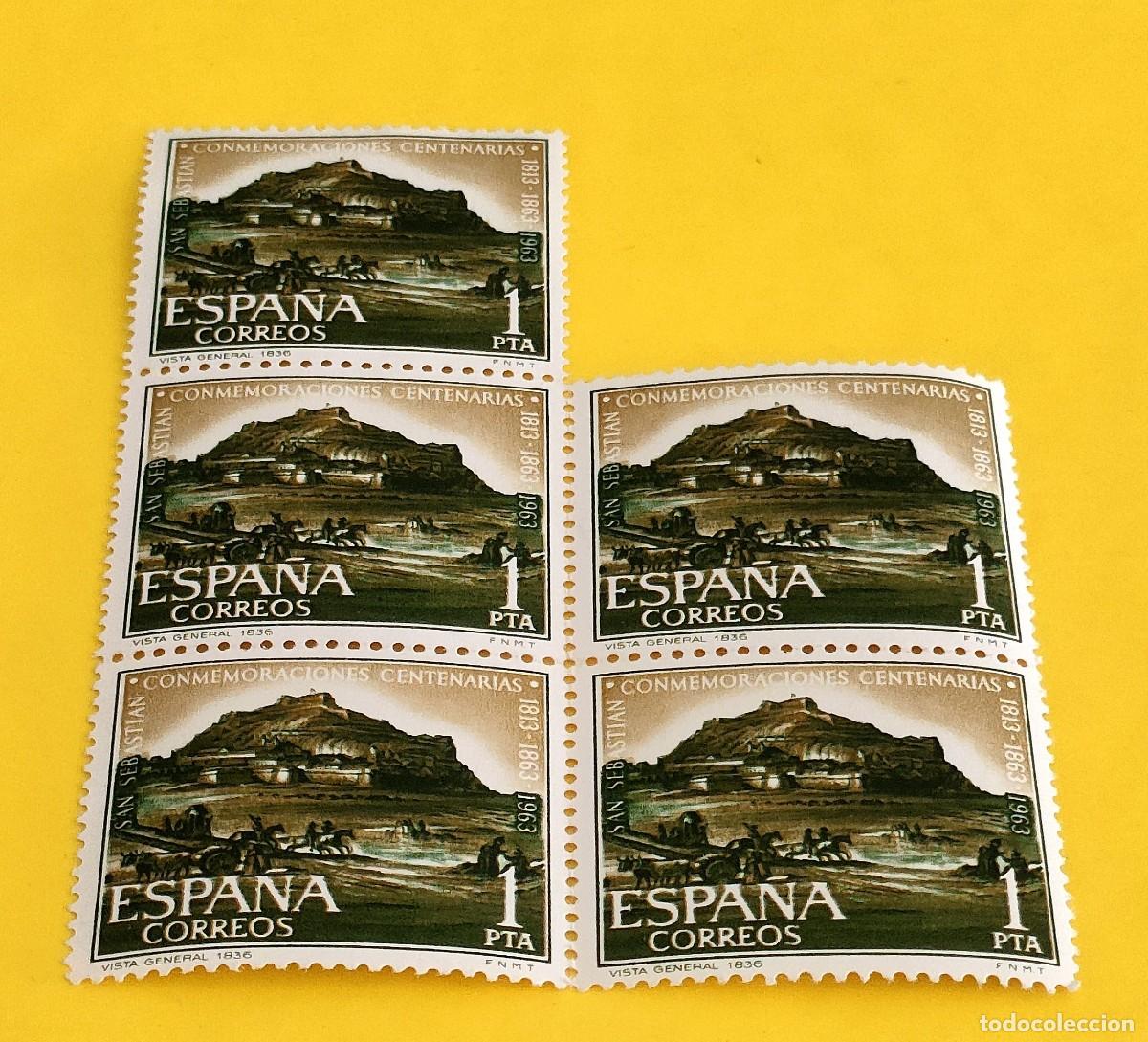 Sellos: Espa&ntilde;a 1963. Edifil 1518. Conmemorac. cent. S. Sebasti&aacute;n. Vista general. Nuevos. Bloque de 5 (2)