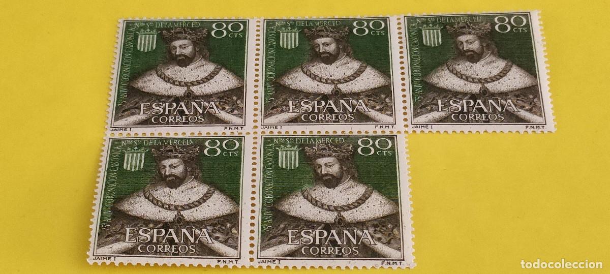 Sellos: Espa&ntilde;a 1963. Edifil 1522. 75 aniv. coronaci&oacute;n Nra. Sra. Merced. Jaime I. Nuevos. Bloque de 5