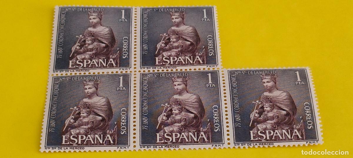 Sellos: Espa&ntilde;a 1963. Edifil 1523. 75 aniv. coronaci&oacute;n Nra. Sra. Merced. Virgen. Nuevos. Bloque de 5
