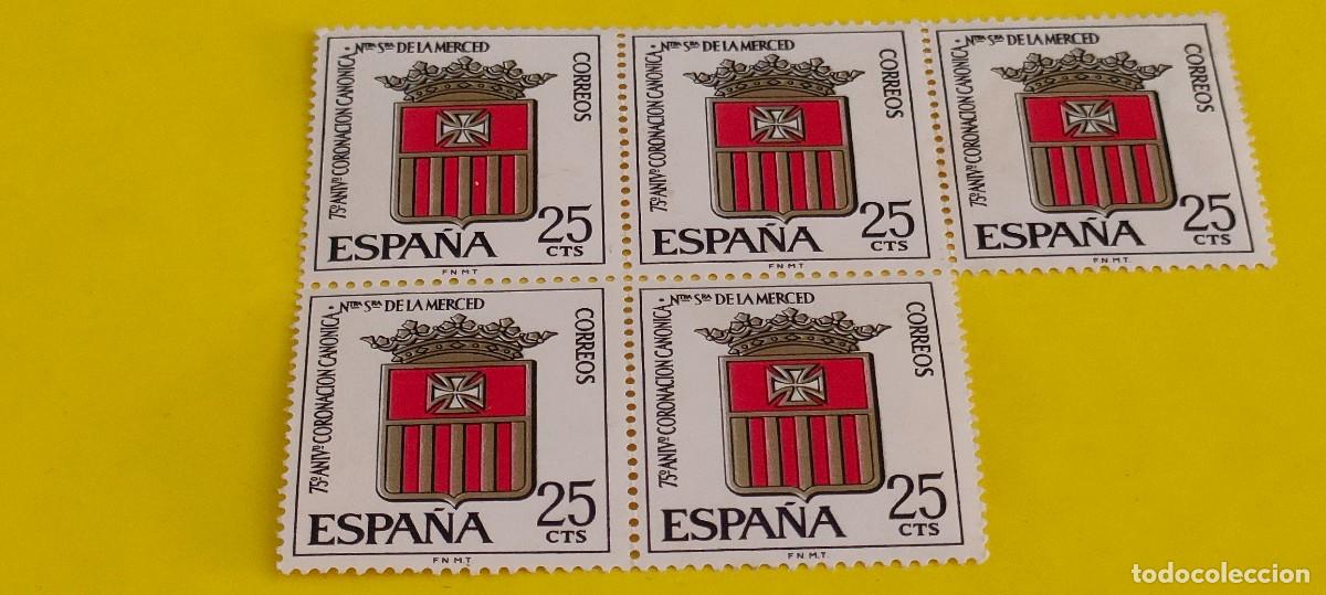 Sellos: Espa&ntilde;a 1963. Edifil 1521. 75 aniv. coronaci&oacute;n Nra. Sra. Merced. Escudo. Nuevos. Bloque de 5