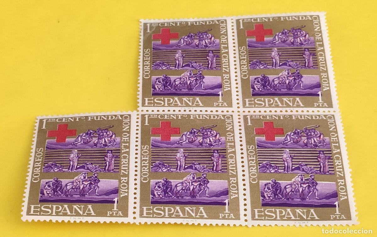 Sellos: Espa&ntilde;a 1963. Edifil 1534. Centenario Cruz Roja Internacional. Buen Samaritano. Nuevos. Bloque de 5