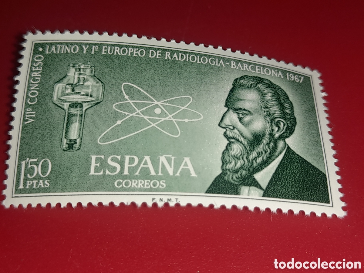 Sellos: Sello Espa&ntilde;a nuevo 1967. 7 Congreso radiologia. &Aacute;tomo. Ratos. Nobel. F&iacute;sica. Ciencia.