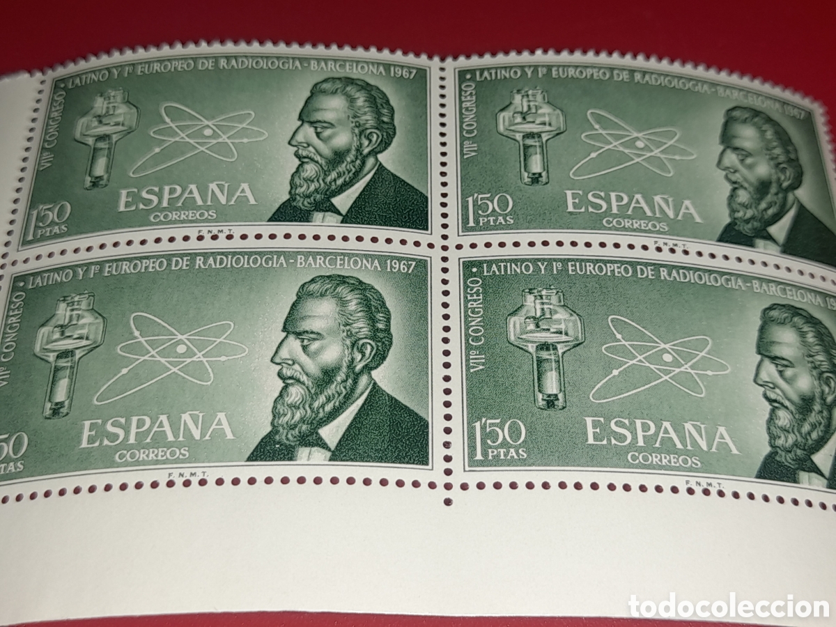 Sellos: Sello Espa&ntilde;a nuevo 1967. 7 Congreso radiologia. &Aacute;tomo. Ratos. Nobel. F&iacute;sica. Ciencia.