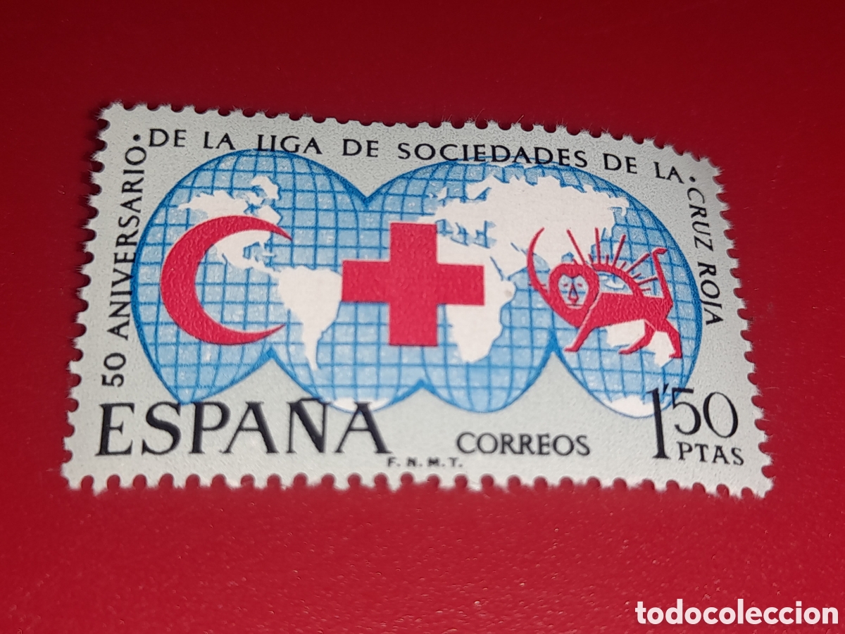 Sellos: Sello Espa&ntilde;a nuevo 1969. 50Aniv Sociedad Cruz roja. Media luna. Le&oacute;n. Organizaciones. Ayuda. Mapamun