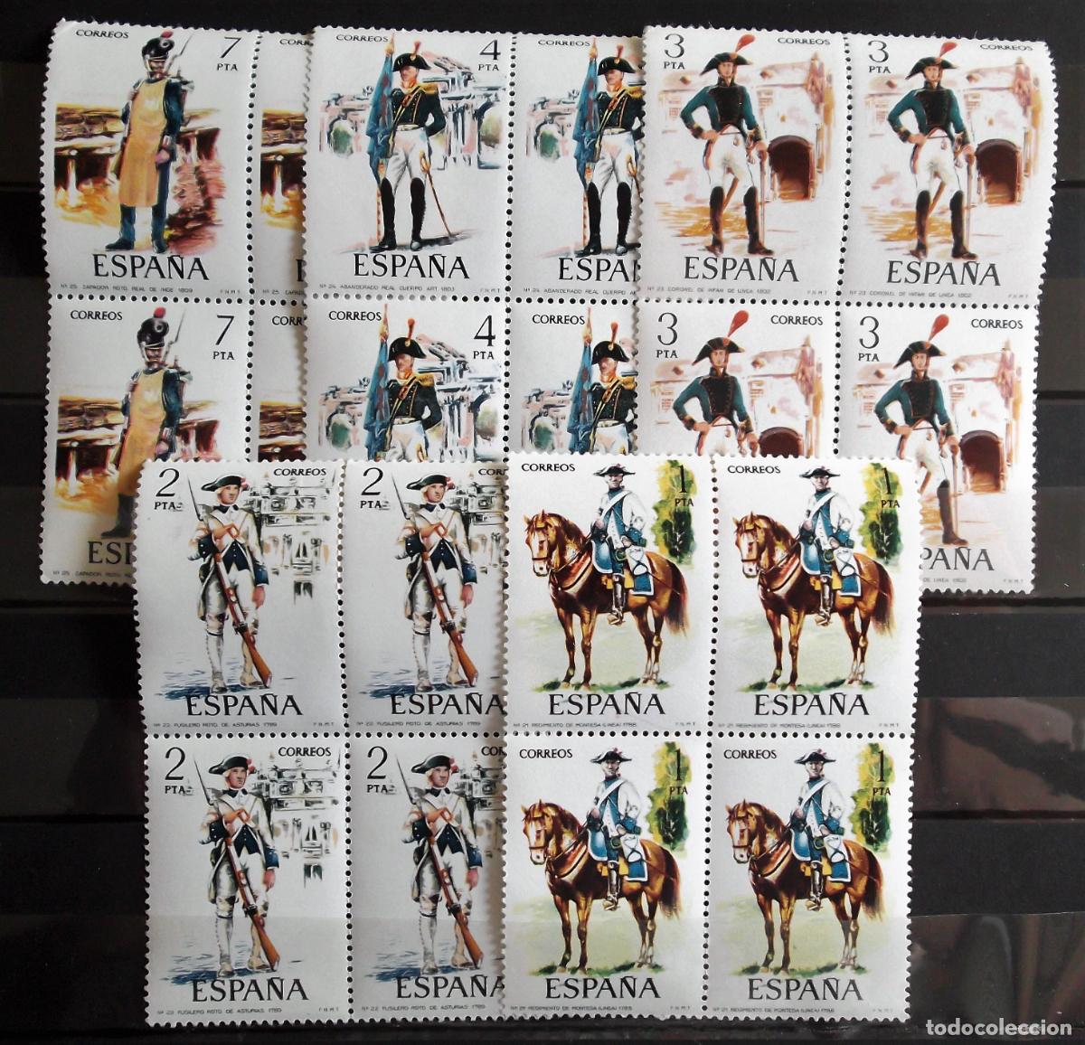 Sellos: Espa&ntilde;a. 2277/81 Uniformes militares, en bloque de cuatro. 1975. Sellos nuevos y numeraci&oacute;n Edifil