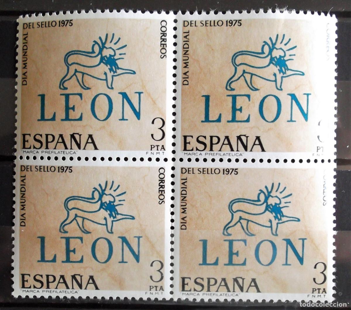 Sellos: Espa&ntilde;a. 2261 D&iacute;a mundial del Sello: Marca prefilat&eacute;lica de Le&oacute;n, en bloque de cuatro. 1975. Sellos