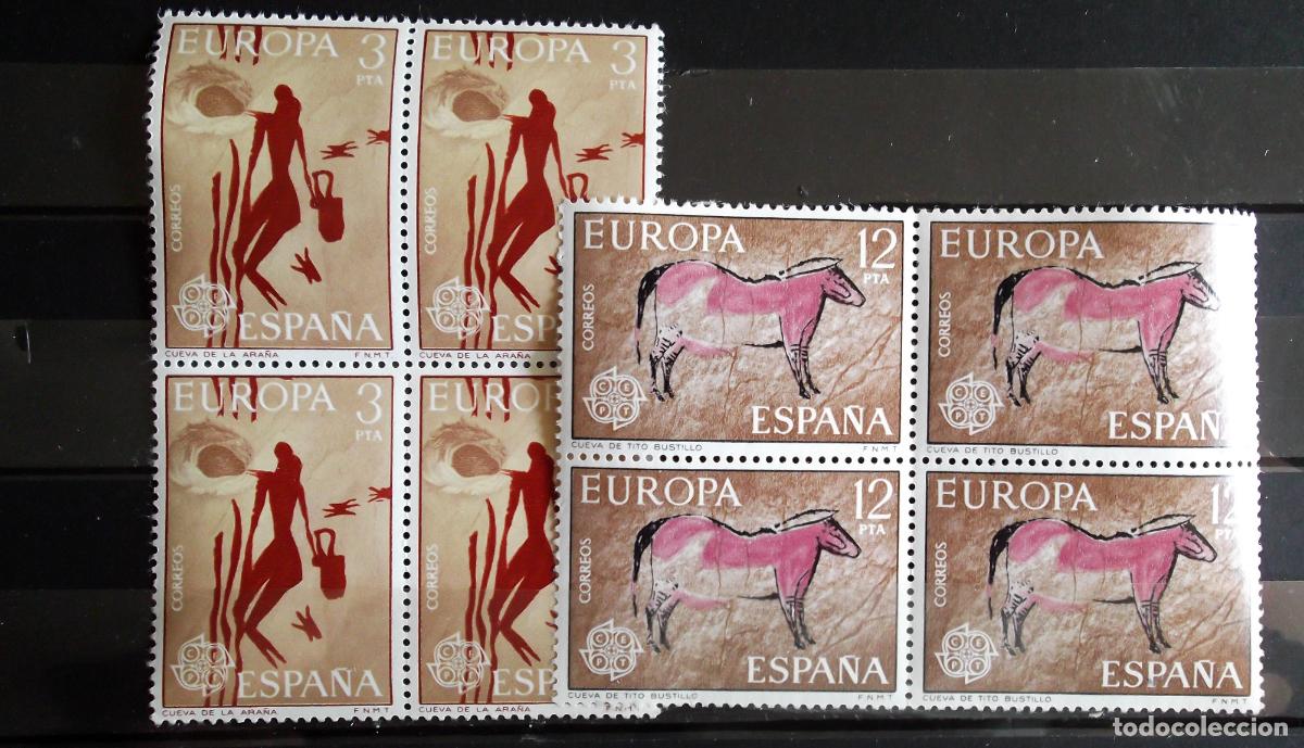Sellos: Espa&ntilde;a. 2259/60 Europa-Cept: Cuevas de la Ara&ntilde;a y Tito Bustillo, en bloque de cuatro. 1975. Sellos