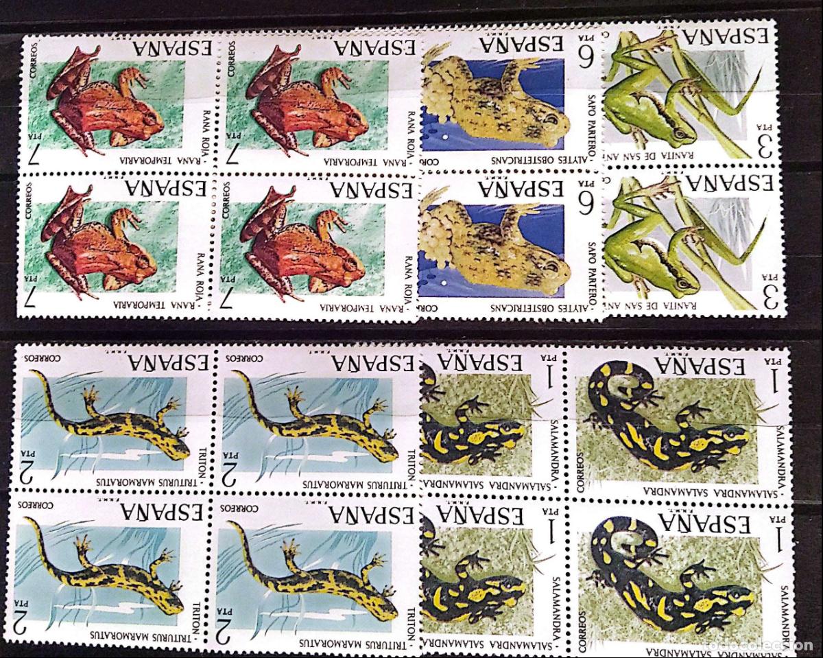 Sellos: Espa&ntilde;a. 2272/76 Anfibios: Salamandra, trit&oacute;n, ranita de S. Antonio, sapo partero y rana rola, en bl