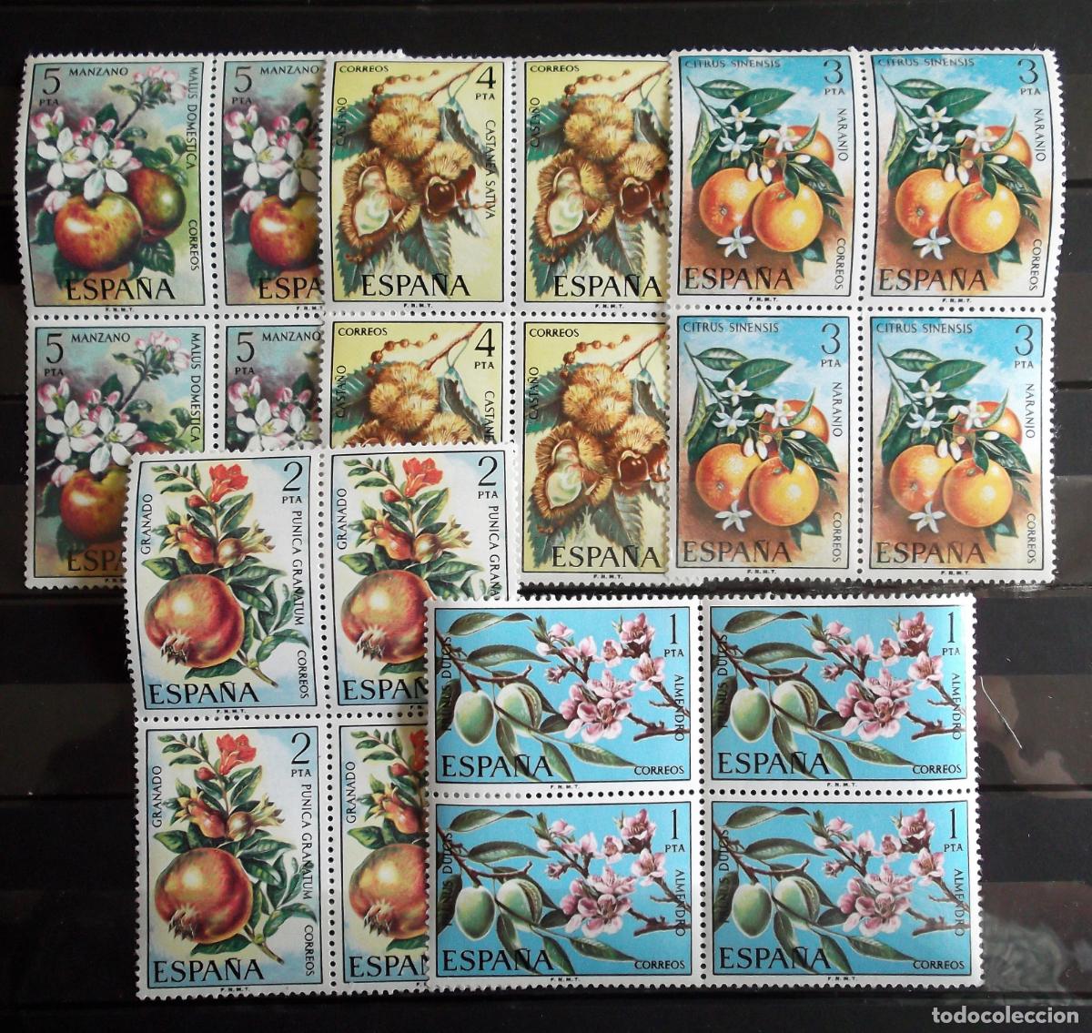 Sellos: Espa&ntilde;a. 2254/58 Flora: Almendro, granado, naranjo, casta&ntilde;o y manzano, en bloque de cuatro. 1975. Se