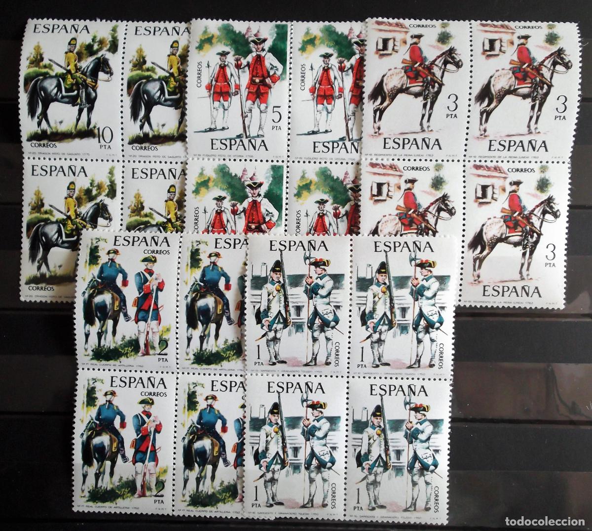 Sellos: Espa&ntilde;a. 2236/40 Uniformes militares, en bloque de cuatro. 1975. Sellos nuevos y numeraci&oacute;n Edifil