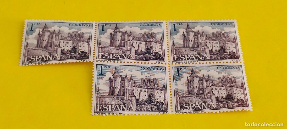 Sellos: Espa&ntilde;a 1964. Edifil 1546. Paisajes y Monumentos. Alc&aacute;zar de Segovia. Nuevos. Bloque de 5 (2)