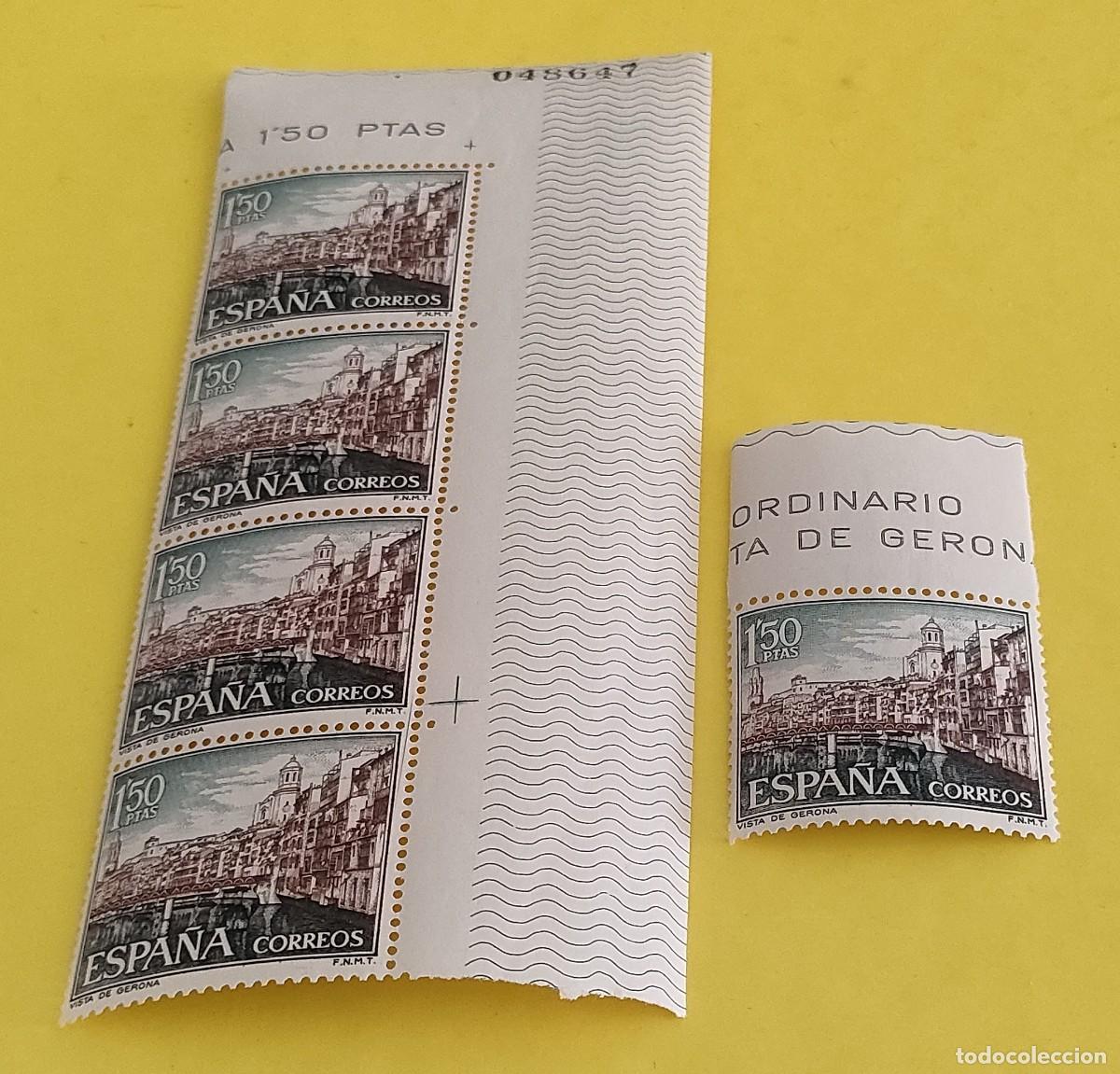 Sellos: Espa&ntilde;a 1964. Edifil 1550. Paisajes y Monumentos. Vista de Gerona. Nuevos. Bloque de 4. 1 suelto (2)