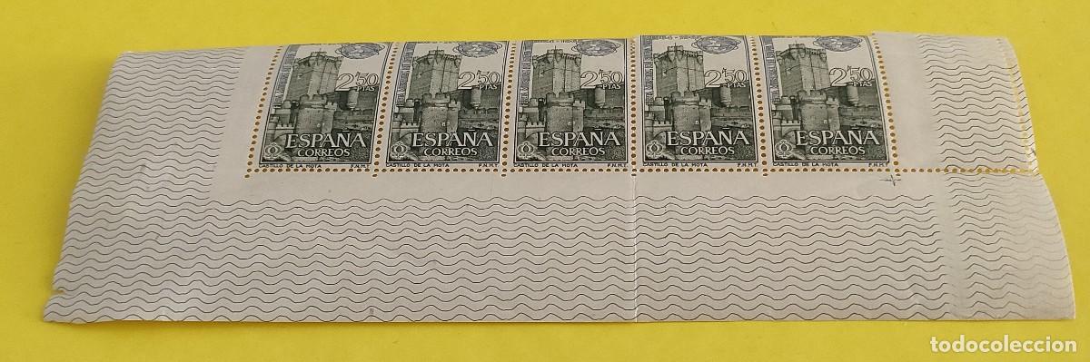 Sellos: Espa&ntilde;a 1964. Edifil 1592. Feria Mundial de Nueva York. Castillo de la Mota. Nuevos. Bloque de 5