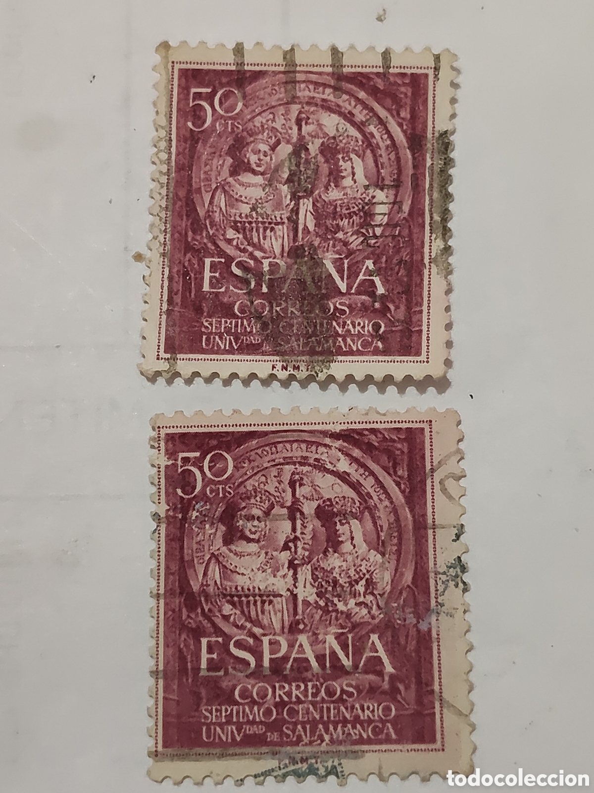 Sellos: 2 Sellos de Espa&ntilde;a 7&ordm; Centenario de Universidad de Salamanca 1953 usadosa