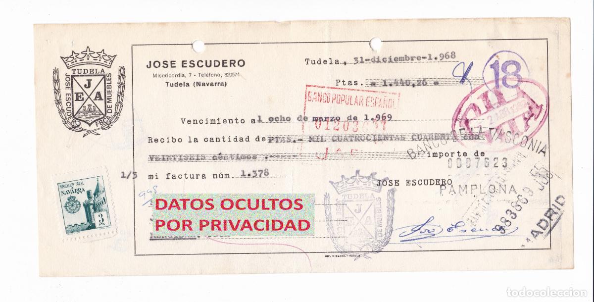 Sellos: Recibo Antiguo 1968 1969 Jos&eacute; Escudero Tudela Navarra Muebles Sello Fiscal Timbre Diputaci&oacute;n Foral