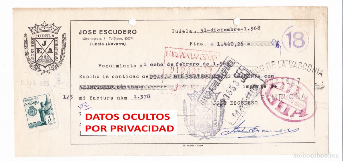 Sellos: Recibo Antiguo 1968 1969 Jos&eacute; Escudero Tudela Navarra Sello Fiscal Timbre Pamplona Diputaci&oacute;n Foral