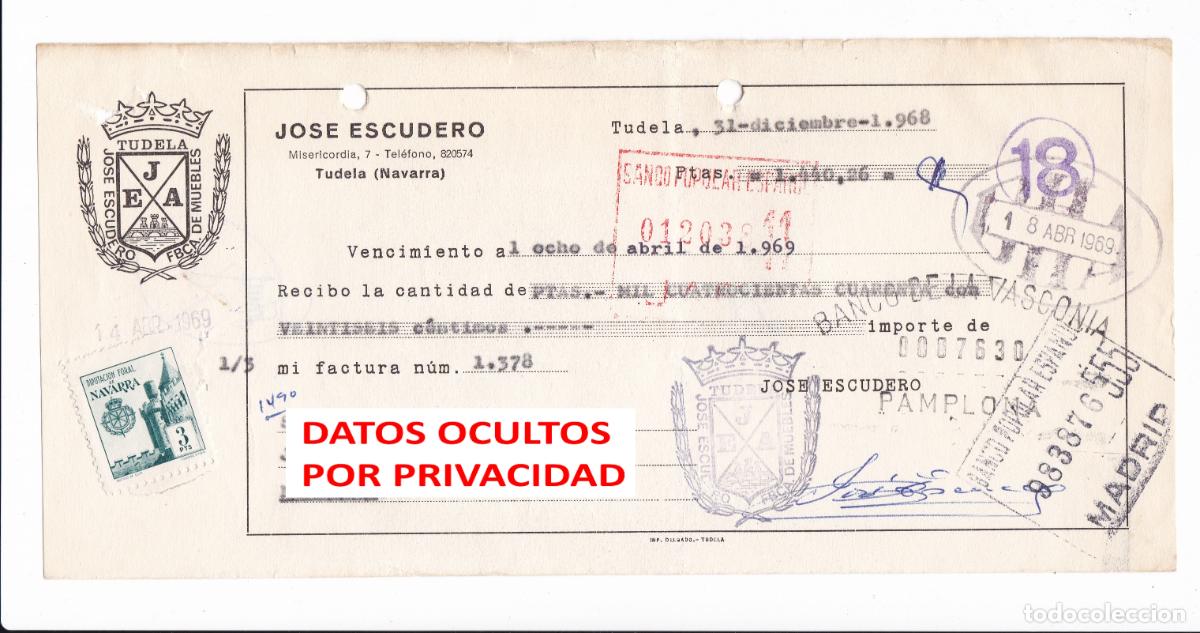 Sellos: Recibo Antiguo 1968 1969 Jos&eacute; Escudero Tudela Navarra Muebles Timbre Fiscal Diputaci&oacute;n Foral