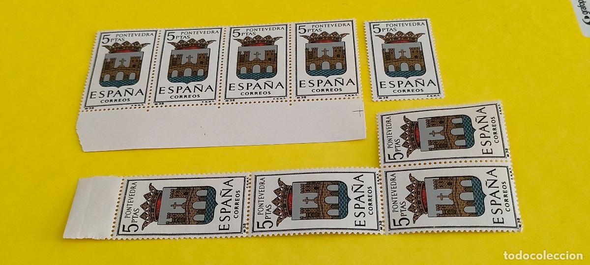 Sellos: Espa&ntilde;a 1965. Edifil 1632. Escudos capitales. Pontevedra. Nuevos. 2 Bloques de 4. 1 suelto