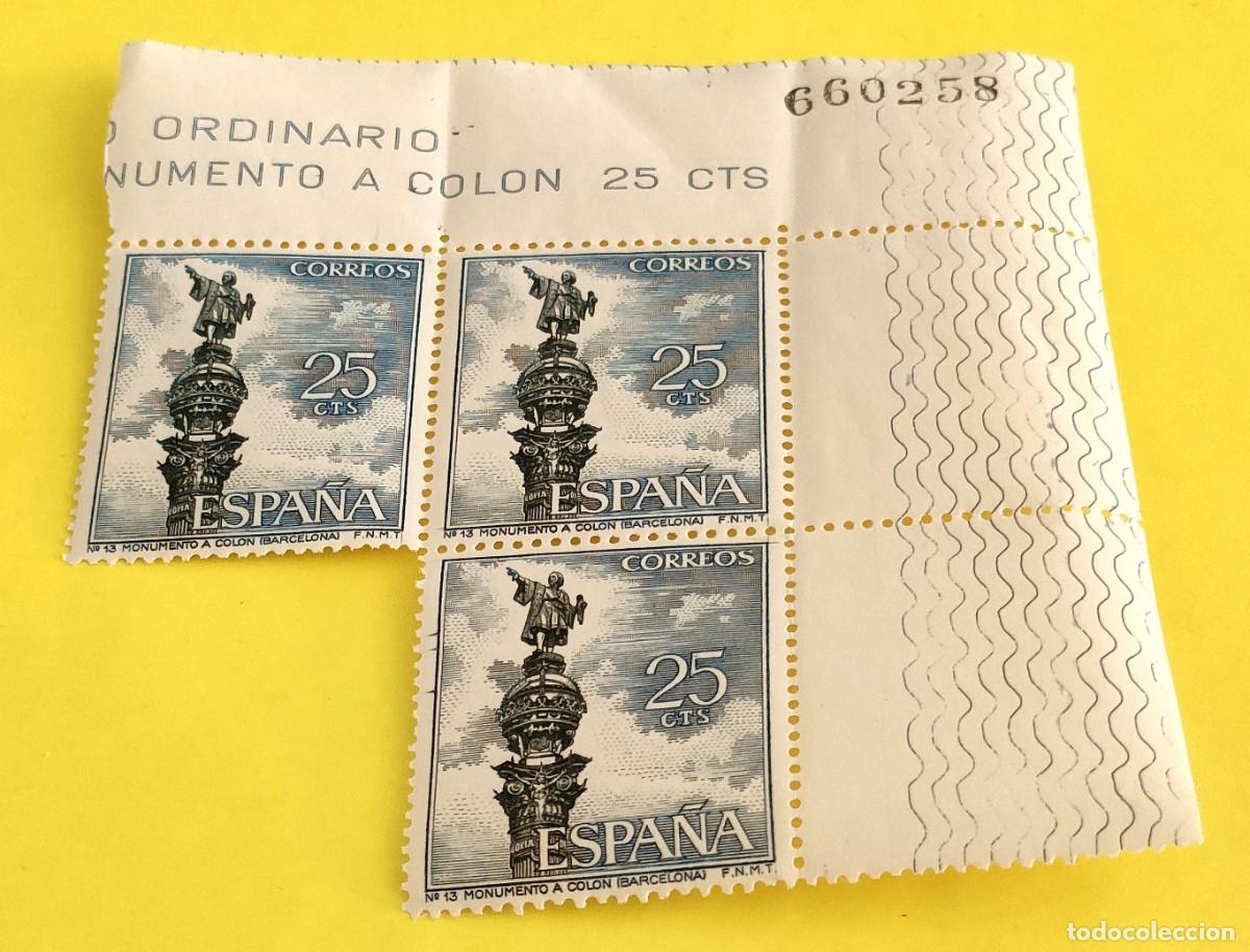 Sellos: Espa&ntilde;a 1965. Edifil 1643. Monumento a Col&oacute;n. Barcelona Nuevos. Bloque de 3 (1)