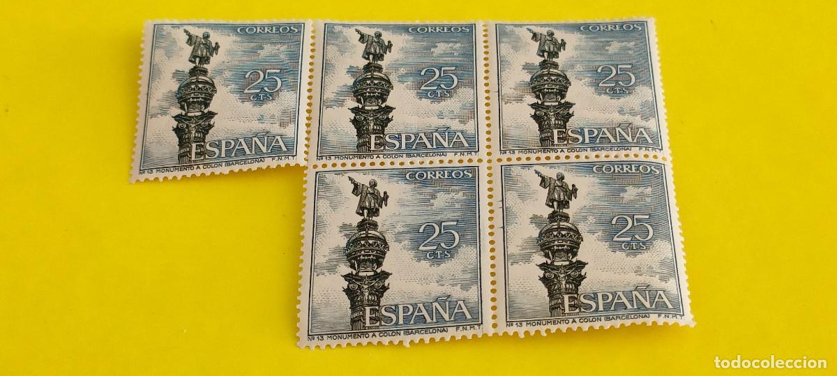 Sellos: Espa&ntilde;a 1965. Edifil 1643. Monumento a Col&oacute;n. Barcelona Nuevos. Bloque de 5 (2)