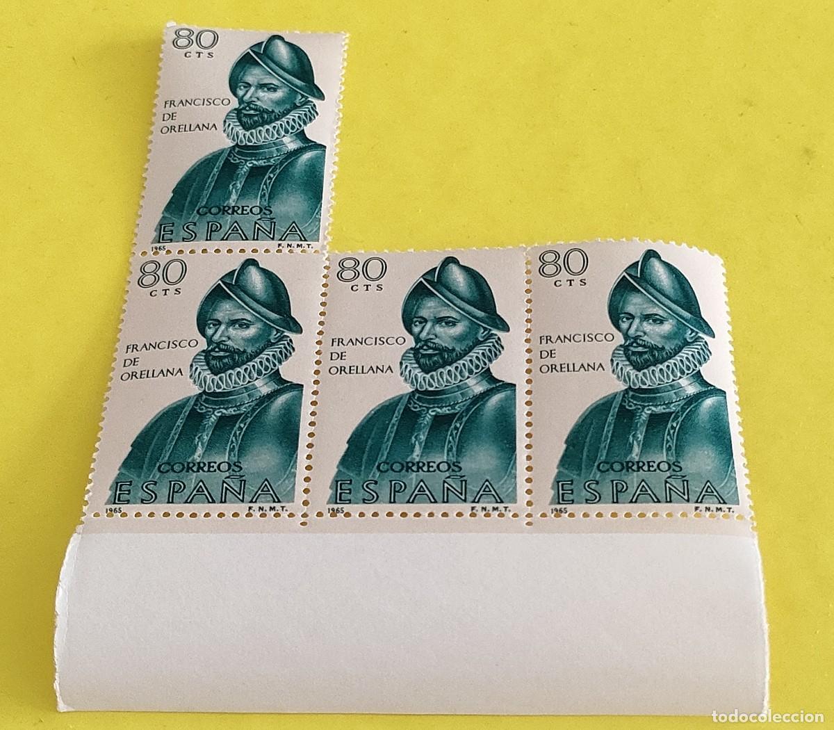 Sellos: Espa&ntilde;a 1965. Edifil 1680. Forjadores de Am&eacute;rica. Francisco de Orellana. Nuevos. Bloque de 4 (1)