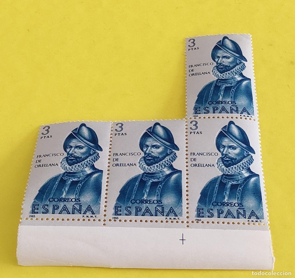 Sellos: Espa&ntilde;a 1965. Edifil 1684. Forjadores de Am&eacute;rica. Francisco de Orellana. Nuevos. Bloque de 4 (1)