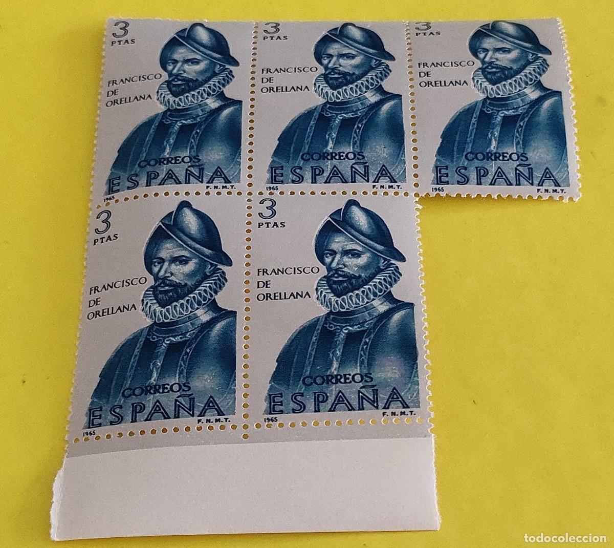 Sellos: Espa&ntilde;a 1965. Edifil 1684. Forjadores de Am&eacute;rica. Francisco de Orellana. Nuevos. Bloque de 5 (2)
