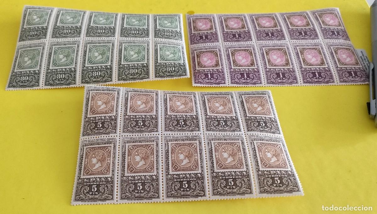 Sellos: Espa&ntilde;a 1965. Edifil 1689, 1690 y 1691. Centenario primer sello dentado. Nuevos. Bloques de 10