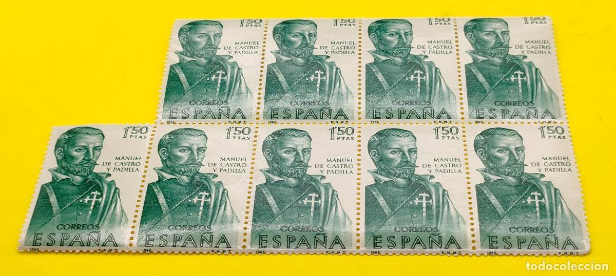 Sellos: Espa&ntilde;a 1966. Edifil 1754. Forjadores de Am&eacute;rica. Manuel de Castro y Padilla. Bloque de 9