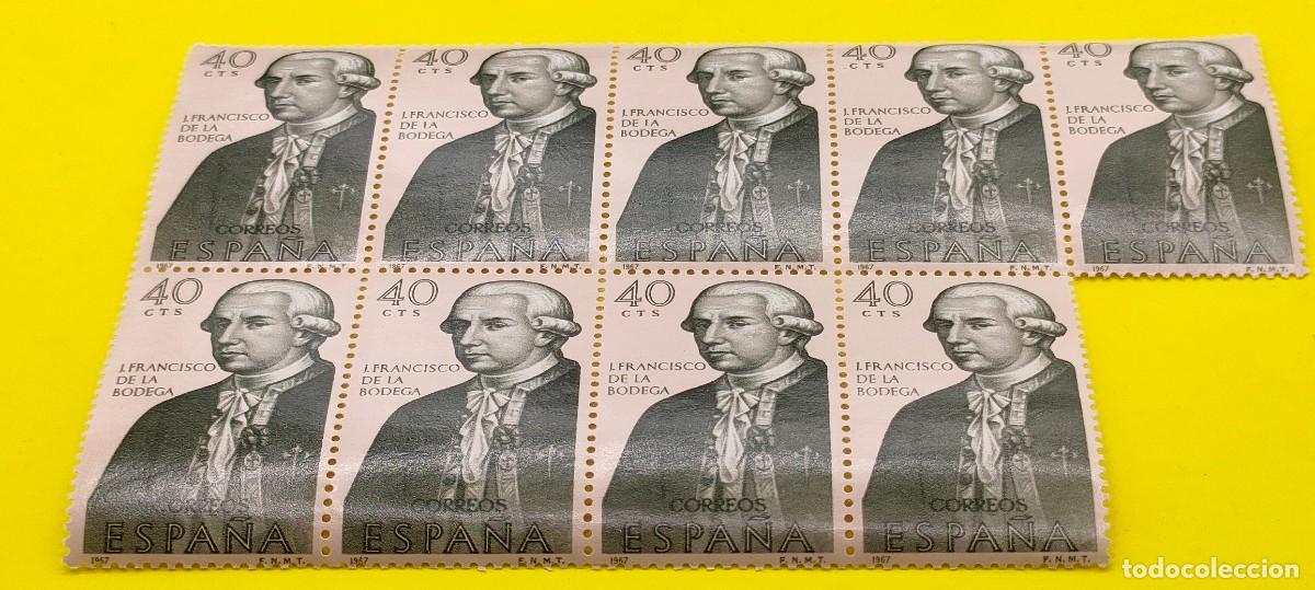 Sellos: Espa&ntilde;a 1967. Edifil 1819. Forjadores de Am&eacute;rica. Juan Francisco de la Bodega. Bloque de 9