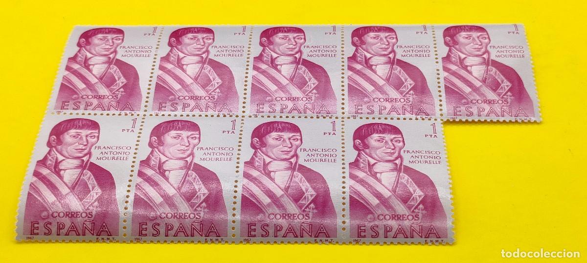 Sellos: Espa&ntilde;a 1967. Edifil 1821. Forjadores de Am&eacute;rica. Francisco Antonio Mourelle. Bloque de 9