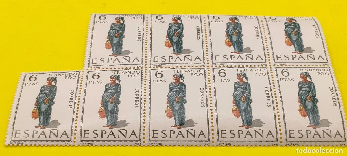 Sellos: Espa&ntilde;a 1968. Edifil 1843. Trajes t&iacute;picos. Fernando Poo. Bloque de 9