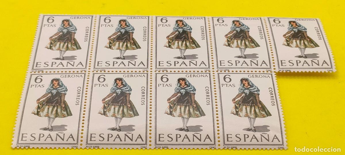 Sellos: Espa&ntilde;a 1968. Edifil 1844. Trajes t&iacute;picos. Gerona. Bloque de 9