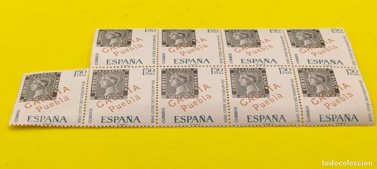 Sellos: Espa&ntilde;a 1968. Edifil 1869. D&iacute;a mundial del Sello. Galicia, Puebla. Bloque de 9