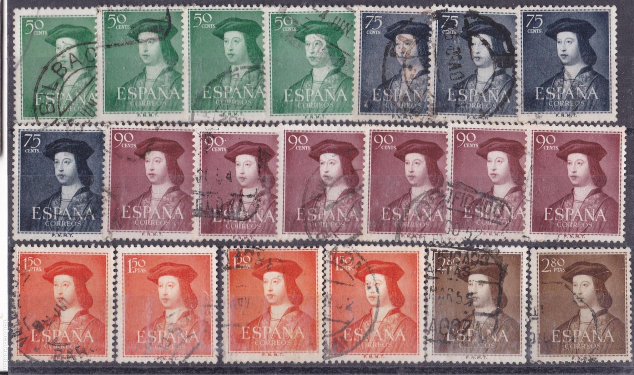 Sellos: FC-316-FERNANDO CATOLICO Edifil 1106/10 x 2 Series + Sueltos USADOS + 100 euros