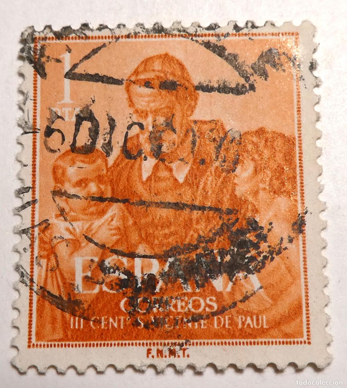 Sellos: Sello postal de Espa&ntilde;a 1 peseta 1960, tercer centenario de San Vicente de Pa&uacute;l