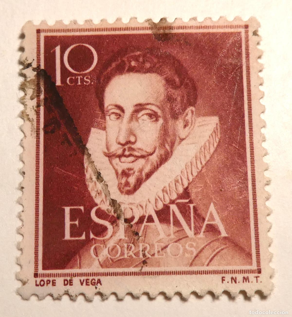 Sellos: Sello postal de Espa&ntilde;a 10 c&eacute;ntimos 1951, homenaje al c&eacute;lebre poeta y dramaturgo Lope de Vega