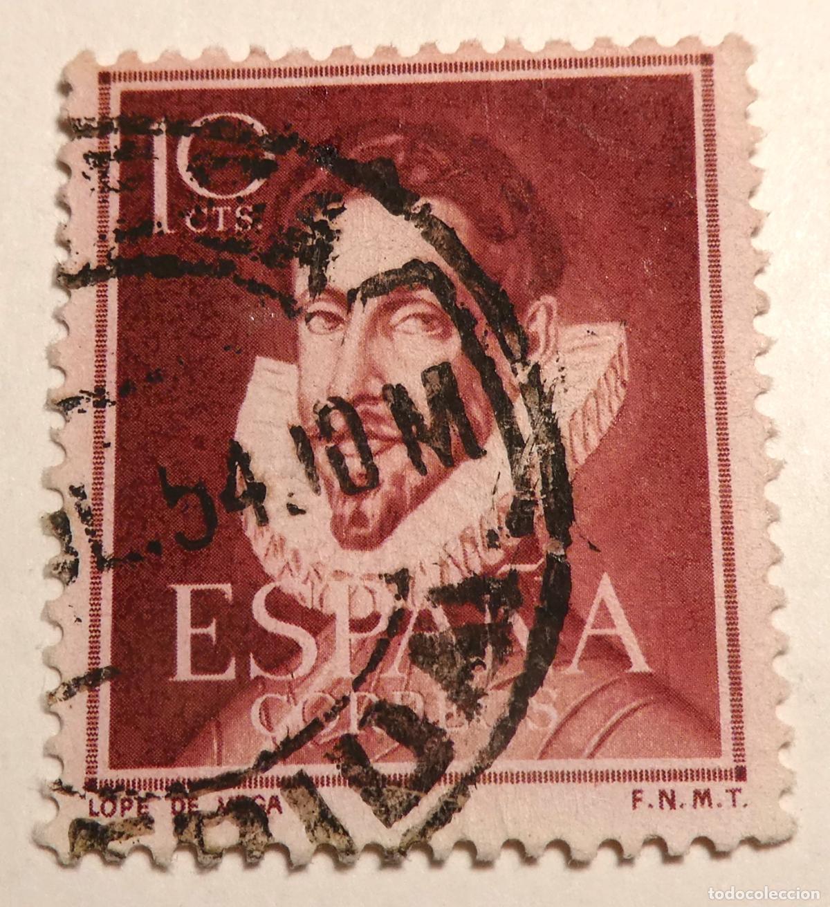 Sellos: Sello postal de Espa&ntilde;a 10 c&eacute;ntimos 1951, homenaje al c&eacute;lebre poeta y dramaturgo Lope de Vega